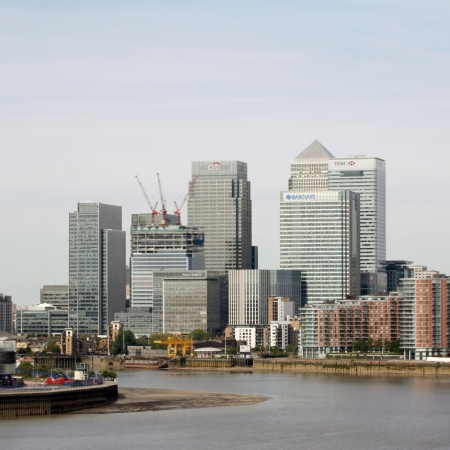 London , UK - May 26, 2013:  London Skyline, seen from the Emirates Air Line cable car, inclouding Canary Wharf's skyscrapers, across the River Thames in London.
のeditorial素材