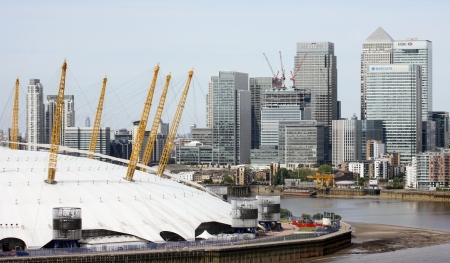 London , UK - May 26, 2013:  London Skyline, seen from the Emirates Air Line cable car, inclouding O2 Arena, Canary Wharf, across the River Thames in London.
のeditorial素材