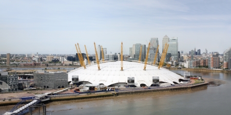London , UK - May 26, 2013:  London Skyline, seen from the Emirates Air Line cable car, inclouding O2 Arena, Canary Wharf, across the River Thames in London.
のeditorial素材