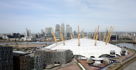 London , UK - May 26, 2013:  London Skyline, seen from the Emirates Air Line cable car, inclouding O2 Arena, Canary Wharf, across the River Thames in London.
のeditorial素材