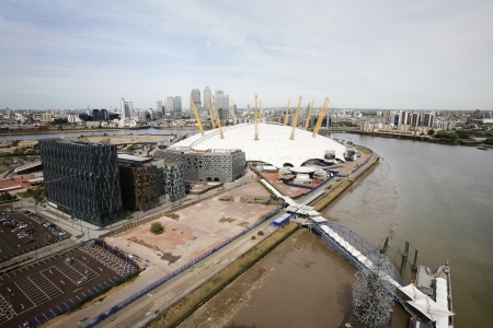London , UK - May 26, 2013:  London Skyline, seen from the Emirates Air Line cable car, inclouding O2 Arena, Canary Wharf and pier, across the River Thames in London.
のeditorial素材
