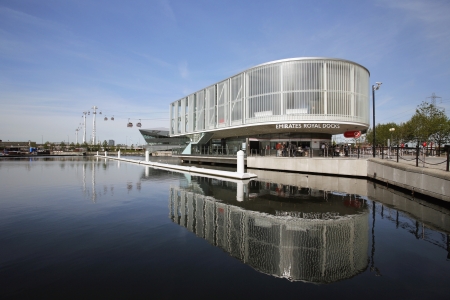 London , UK - May 26, 2013:  Emirates Royal Docks terminal, cable car terminal, Gondolas present in the background, opened June 2012, run by TFL, links the Greenwich Peninsula with Royal Dock, 1km, across the River Thames. 
のeditorial素材