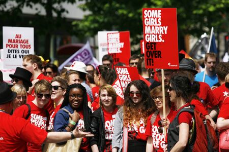 London, UK - June 29, 2013: People with picket take part in London's Gay Pride, also called London Pride, estimated 25,000 people took part in the march, Parade to support gay rights.
のeditorial素材