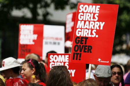 London, UK - June 29, 2013: People with picket take part in London's Gay Pride, also called London Pride, estimated 25,000 people took part in the march, Parade to support gay rights.
のeditorial素材
