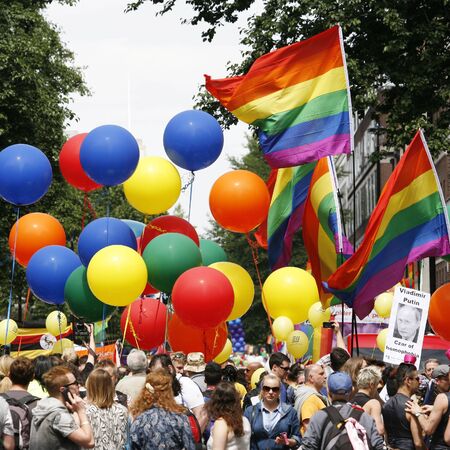 London, UK - June 29, 2013: Rainbow flag and baloons in London's Gay Pride, people present, estimated 25,000 people took part in the march, Parade to support gay rights.
のeditorial素材