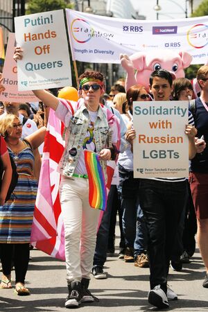 London, UK - June 29, 2013: People with picket take part in London's Gay Pride, also called London Pride, estimated 25,000 people took part in the march, Parade to support gay rights.
のeditorial素材