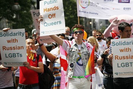 London, UK - June 29, 2013: People with picket take part in London's Gay Pride, also called London Pride, estimated 25,000 people took part in the march, Parade to support gay rights.
のeditorial素材