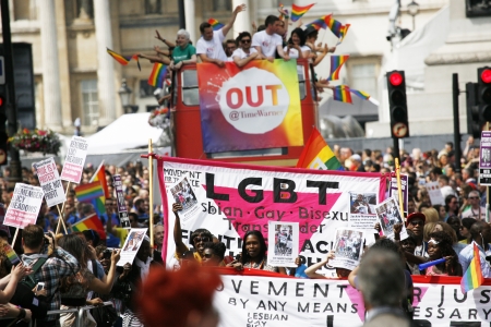 London, UK - June 29, 2013: People take part in London's Gay Pride, also called London Pride, double decker bus present, estimated 25,000 people took part in the march, Parade to support gay rights.
のeditorial素材