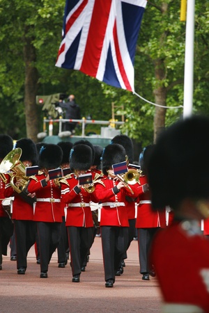 London, UK - June 15, 2013: Queen's Bands at Queen's Birthday Parade, Union Jack flag in the background. Queen's Birthday Parade take place to Celebrate Queen's Official Birthday in every June in London. 
のeditorial素材