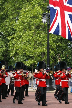 London, UK - June 15, 2013: Queen's Bands at Queen's Birthday Parade, Union Jack flag in the background. Queen's Birthday Parade take place to Celebrate Queen's Official Birthday in every June in London. 
のeditorial素材