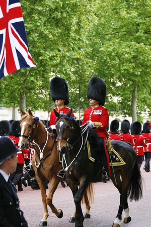 London, UK - June 15, 2013: Queen's Soldier at Queen's Birthday Parade, union jack and horse present. Queen's Birthday Parade take place to Celebrate Queen's Official Birthday in every June in London. 
のeditorial素材
