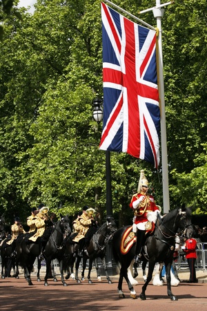 London, UK - June 15, 2013: Queen's Bands, mounted band, union jack flag in the back ground, at Queen's Birthday Parade. Queen's Birthday Parade take place to Celebrate Queen's Official Birthday in every June in London. 
のeditorial素材