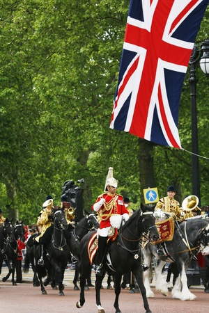 London, UK - June 15, 2013: Queen's Bands, mounted band, union jack flag in the back ground, at Queen's Birthday Parade. Queen's Birthday Parade take place to Celebrate Queen's Official Birthday in every June in London. 
のeditorial素材