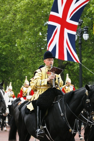 London, UK - June 15, 2013: Queen's Bands, mounted band, union jack flag in the back ground, at Queen's Birthday Parade. Queen's Birthday Parade take place to Celebrate Queen's Official Birthday in every June in London. 
のeditorial素材