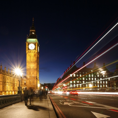 Big Ben, Palace of Westminster, seen from Westminster Bridge at Night 
