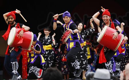 London, UK - October 5, 2013: Participants, Okinawa Sanshinkai Team at 2013 London Japanese Matsuri (festival), various of activities to keep all ages happy at the Japan Matsuri Festival at Trafalgar Square. 
のeditorial素材