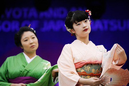 London, UK - October 5, 2013: Participants, Hiroko Tanaka Nihon Buyo Team-Japanese dance, influenced by Kabuki dance, at 2013 London Japanese Matsuri (festival), various of activities to keep all ages happy at the Japan Matsuri Festival at Trafalgar Squarのeditorial素材