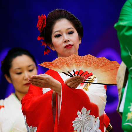 London, UK - October 5, 2013: Participants, Hiroko Tanaka Nihon Buyo Team-Japanese dance, influenced by Kabuki dance, at 2013 London Japanese Matsuri (festival), various of activities to keep all ages happy at the Japan Matsuri Festival at Trafalgar Squarのeditorial素材