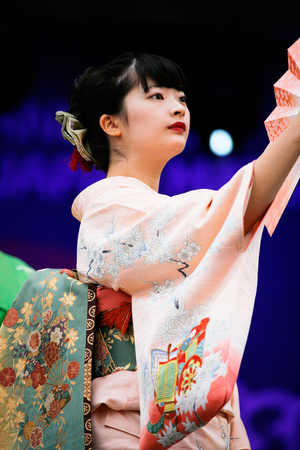 London, UK - October 5, 2013: Participants, Hiroko Tanaka Nihon Buyo Team-Japanese dance, influenced by Kabuki dance, at 2013 London Japanese Matsuri (festival), various of activities to keep all ages happy at the Japan Matsuri Festival at Trafalgar Squarのeditorial素材