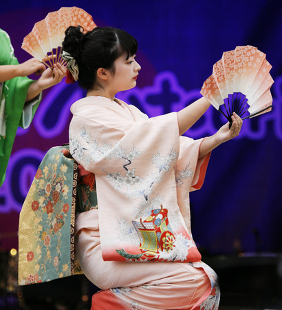 London, UK - October 5, 2013: Participants, Hiroko Tanaka Nihon Buyo Team-Japanese dance, influenced by Kabuki dance, at 2013 London Japanese Matsuri (festival), various of activities to keep all ages happy at the Japan Matsuri Festival at Trafalgar Squarのeditorial素材