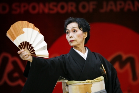 London, UK - October 5, 2013: Participants, Hiroko Tanaka Nihon Buyo Team-Japanese dance, influenced by Kabuki dance, at 2013 London Japanese Matsuri (festival), various of activities to keep all ages happy at the Japan Matsuri Festival at Trafalgar Squarのeditorial素材