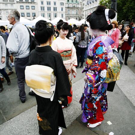 London, UK - October 5, 2013: Participants, Hiroko Tanaka Nihon Buyo Team-Japanese dance, influenced by Kabuki dance, at 2013 London Japanese Matsuri (festival), various of activities to keep all ages happy at the Japan Matsuri Festival at Trafalgar Squarのeditorial素材
