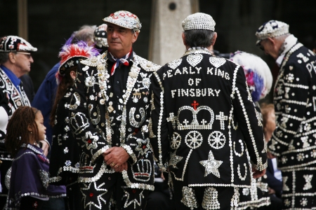 London, UK - September 29, 2013: Participants at 2013 Pearly Kings and Queens, wearing clothes decorated with commonly called pearl, charitable tradition of working class culture, Harvest Festival. 
のeditorial素材