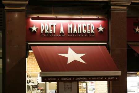 London, UK - March 1, 2014: Outside Pret a Manger, British retail outlets, chain of sandwich shops, from 1984, 168 and 295 stores across London and worldwide. 
のeditorial素材