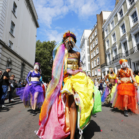 London , UK - Aug 29, 2016: Performers take part in the second day of Notting Hill Carnival, largest in Europe. Carnival takes place over two days in every August.のeditorial素材