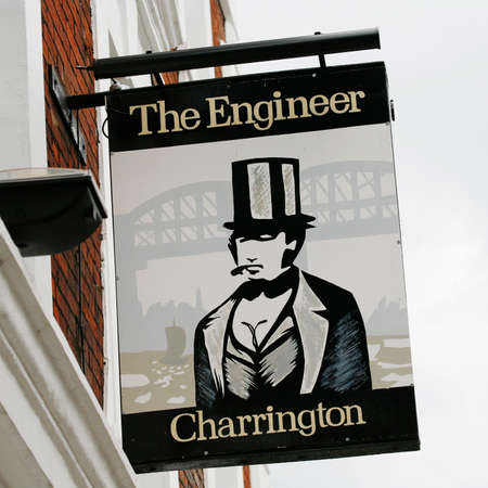 London, UK - June 17, 2012: English pub sign, Public house, known as pub, is focal point of community. Pub business, now about 53,500 pubs in UK, has been declining every year.のeditorial素材