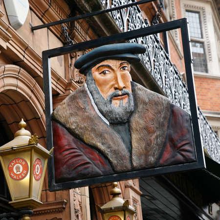 London, UK - May 05, 2012: English pub sign, Public house, known as pub, is focal point of community. Pub business, now about 53,500 pubs in UK, has been declining every year.のeditorial素材