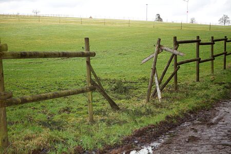 Broken fence, animals run away through paddockの写真素材
