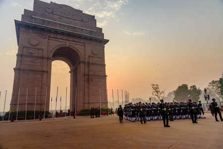 India Gate, New Delhi, India, January-2019: Soldiers of Indian Army marching at Rajpath 'King's Way' a ceremonial boulevard as they take part in rehearsal activities for the Republic day parade.のeditorial素材