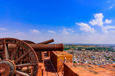 View of Jodhpur city from Mehrangarh Fort built around year 1460, is one of the largest forts in India. It is enclosed by imposing thick walls with canons located  410 feet above the city in Rajasthanの写真素材
