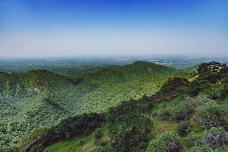 Panoramic view of Aravalli mountain range from Kumbhalgarh fort, Rajasthan, India.の写真素材