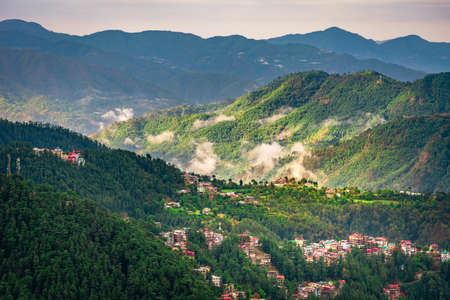 Beautiful panoramic landscape from mall road of Shimla, the state capital of Himachal Pradesh located amidst Himalayas of India.の写真素材