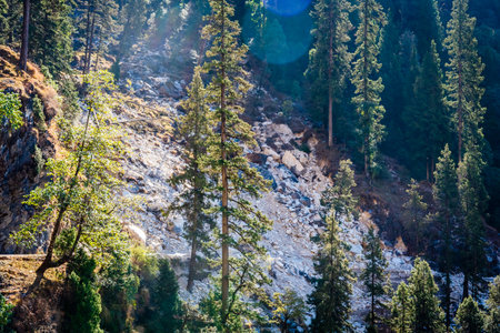View from hilly mountain road travelling through Himalayas mountains near Munsiyari, Uttarakhand,...