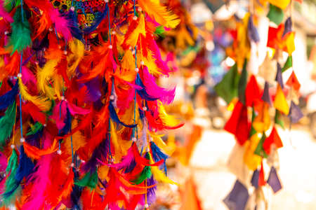 Tibetian traditional handicraft Wind chimes, Prayer flags & colorfull dream catcher at Mcleod ganj, dharamshala streets, himachal pradesh, India.の写真素材