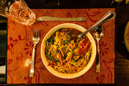 Thukpa is a Tibetan noodle soup, which originated in the eastern part of Tibet. Vegetable veg is a famous variant among tourist in Mcleodganj, Himachal Pradesh India.の写真素材