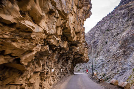 View from hilly mountain road Hindustan Tibet Road connecting Kaza city with Shimla state capital...