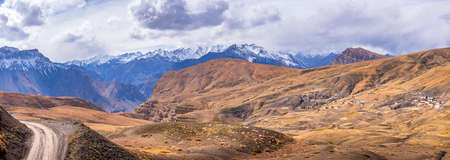 Bird eye aerial view of Hikkim village, famous for highest Post office of the world located in the...