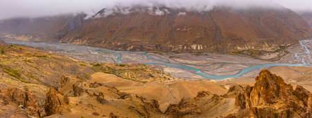 Beautiful landscape of Spiti river valley from Dhankar monastery near Kaza town in Lahaul Spiti region of Himalayas in Himachal Pradesh, India.の写真素材