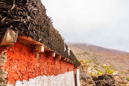 Roof of Spitian architecture house in a desert area where timber is scarce and mud is the main...