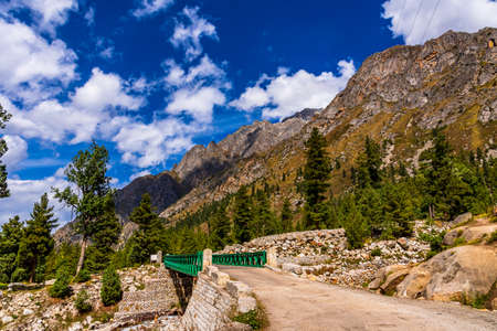View from hilly mountain road travelling through Himalayas mountains near Chitkul, Kalpa Kinnaur, Himachal Pradesh, India.の写真素材