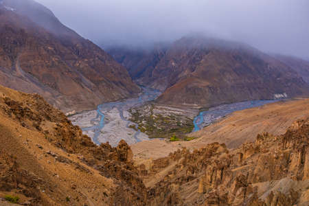 Beautiful landscape of Spiti river valley from Dhankar monastery near Kaza town in Lahaul Spiti...