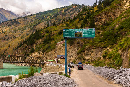 KINNAUR, INDIA - OCTOBER, 2019: View from hilly mountain road travelling through Himalayas mountains near Chitkul, Kalpa Kinnaur, Himachal Pradesh, India.のeditorial素材