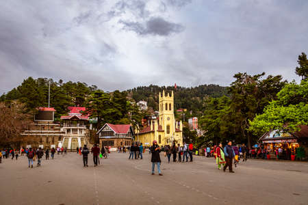 SHIMLA, INDIA, APRIL-2019 :The Ridge road is a large open space near Christ church & hub of all cultural activities, located in the heart of Shimla, the capital city of Himachal Pradesh, India.のeditorial素材