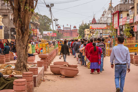 OLD DELHI, INDIA - MARCH, 2020: People in historical part of Chandni Chowk locality of Old Delhi in the evening.のeditorial素材