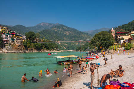 Rishikesh, India-Oct, 2020: River side view of ghats or banks at Rishikesh, It is famous tourist destination for spiritual and religion Hinduism like Yoga, meditation and adventure activity.のeditorial素材