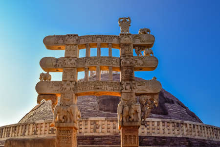 Sanchi Stupa is a Buddhist complex, famous for its Great Stupa, on a hilltop at Sanchi Town in Raisen District, Madhya Pradesh, Indiaの写真素材